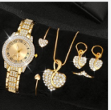 Elegant Gold-Tone Women's Watch with Heart Jewelry Set