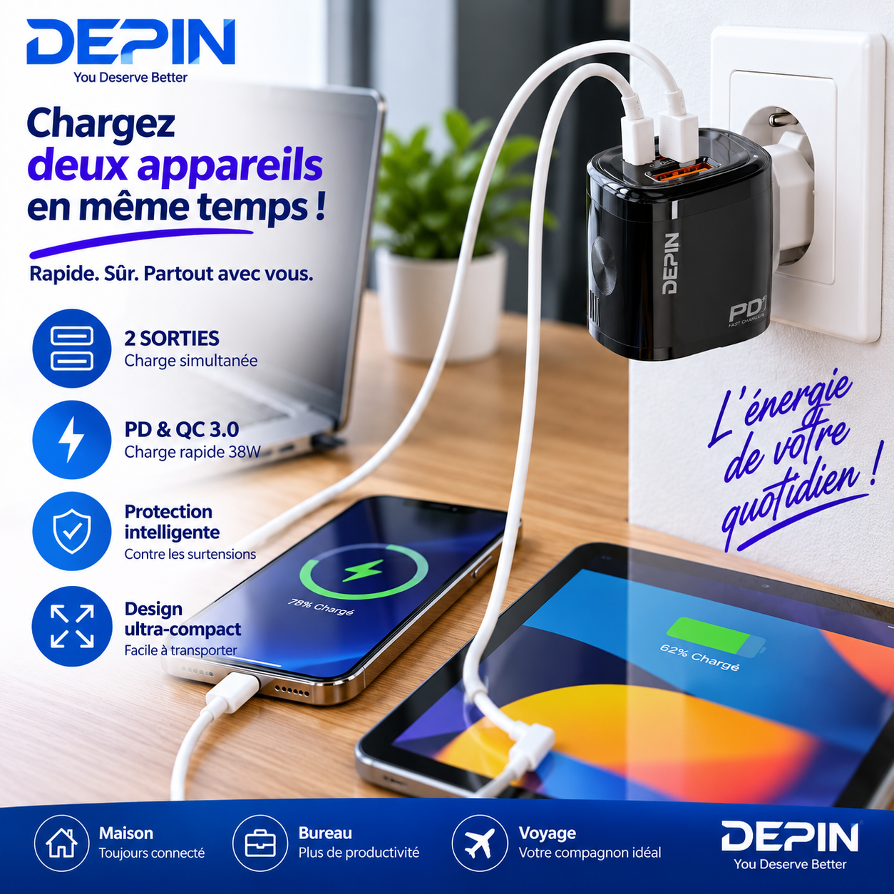 Boitier Chargeur mural DEPIN PD&QC 3.0 – 38W