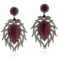 Unique Designs 925 Sterling Genuine Ruby Gemstone CZ Pave Silver Earrings