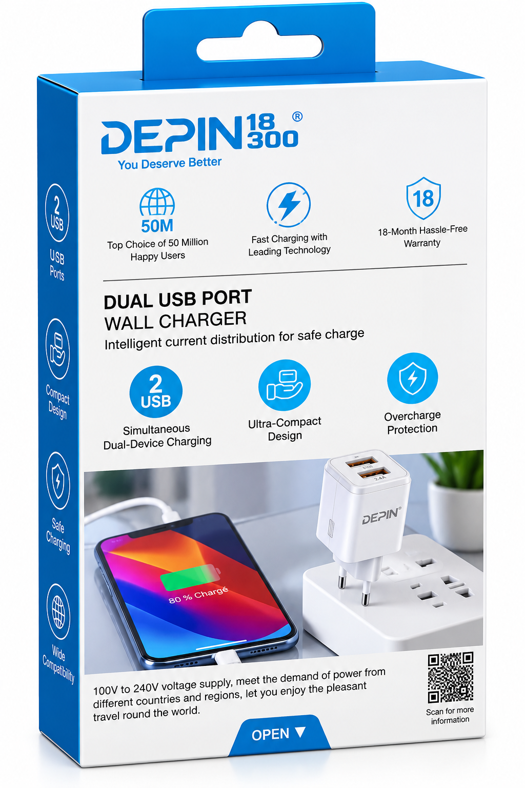 Boitier Chargeur mural DEPIN double USB 2.4A
