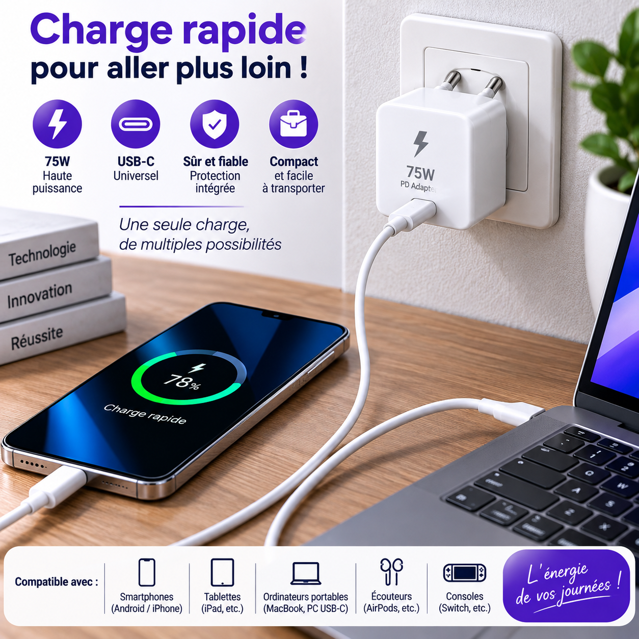 Chargeur EU 75W PD avec câble USB-C 5A