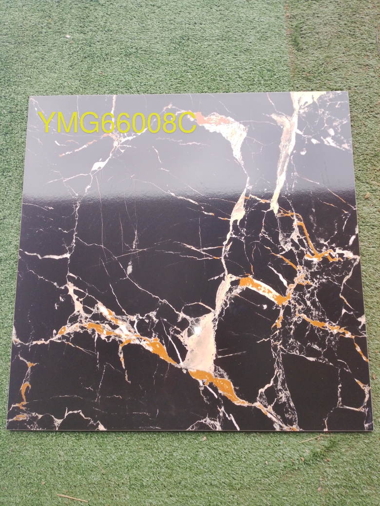 Carreau Grès Cérame Poli 60x60 cm - Effet Marbre Noir et Or 