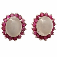 Genuine Ruby And Moonstone 925 Sterling Silver Beautiful Pave Stud Earrings