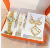 Women's Gold Watch & Heart Jewelry Set – Elegant Gift Collection