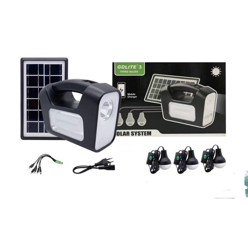 Solar Kit, Equipped with USB Devices with 3 LED Bulbs + High Capacity Battery + Radio, Black