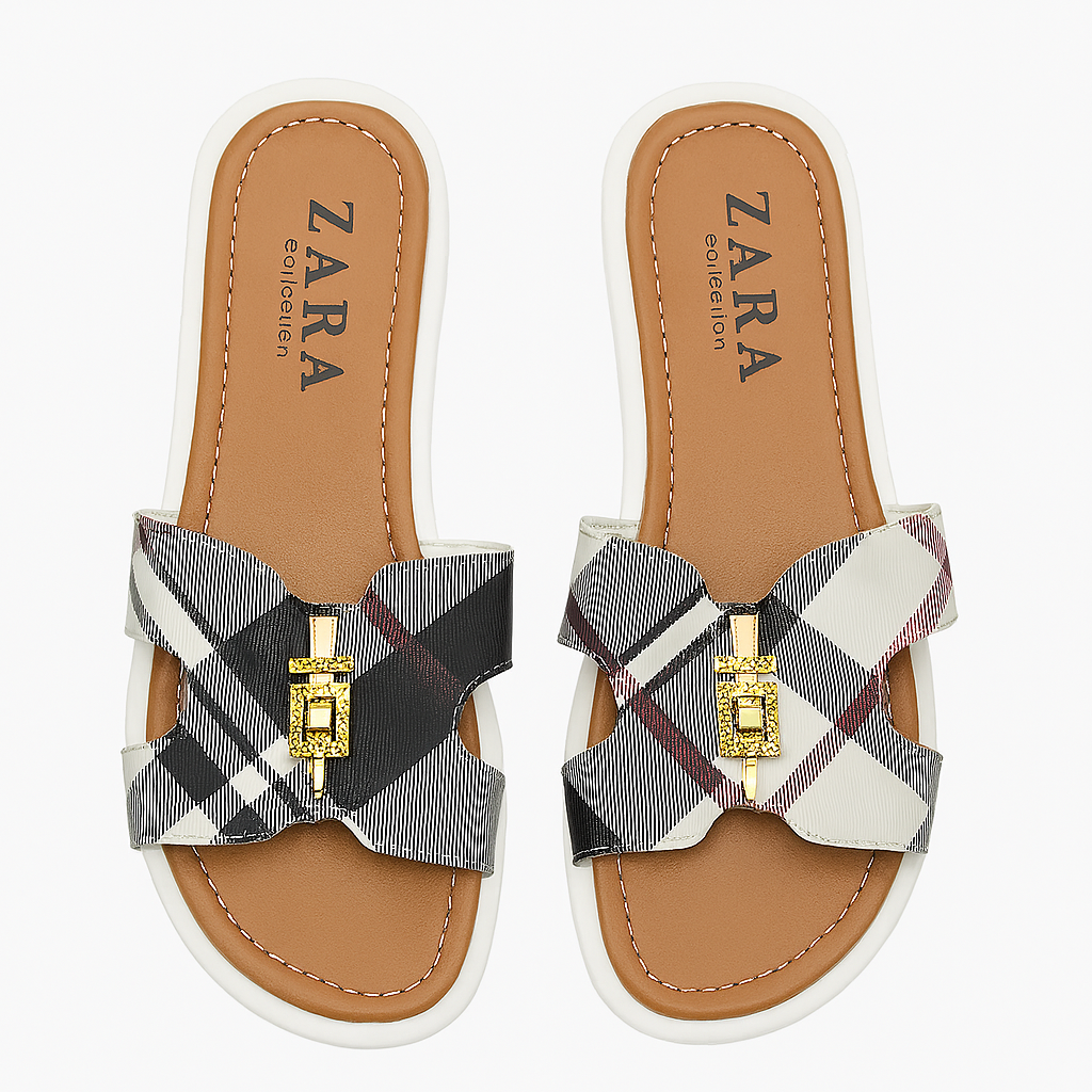?? Women's Checkered Babouche "ZARA Collection" – Classic Elegance & Gold Finish ??