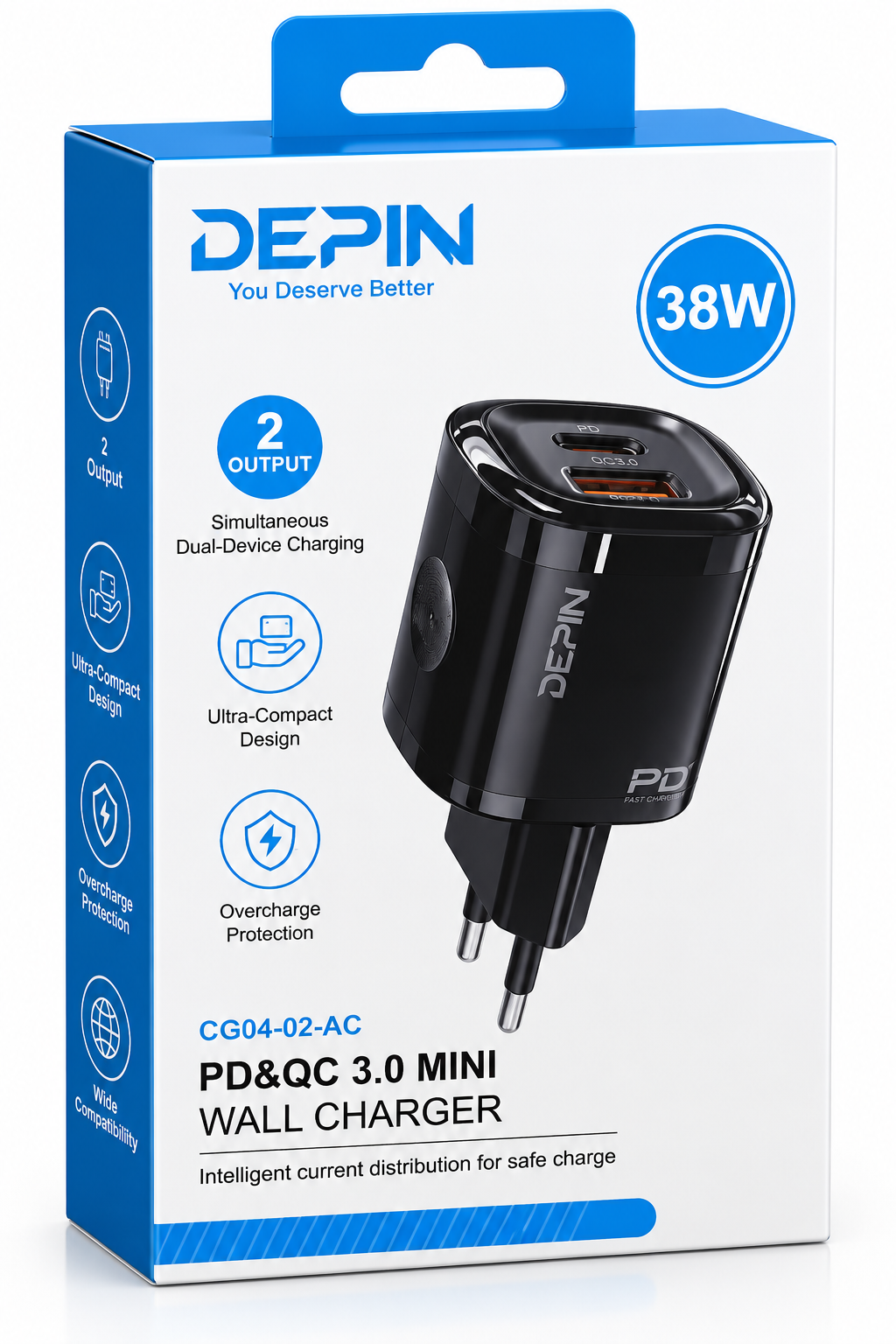 Boitier Chargeur mural DEPIN PD&QC 3.0 – 38W