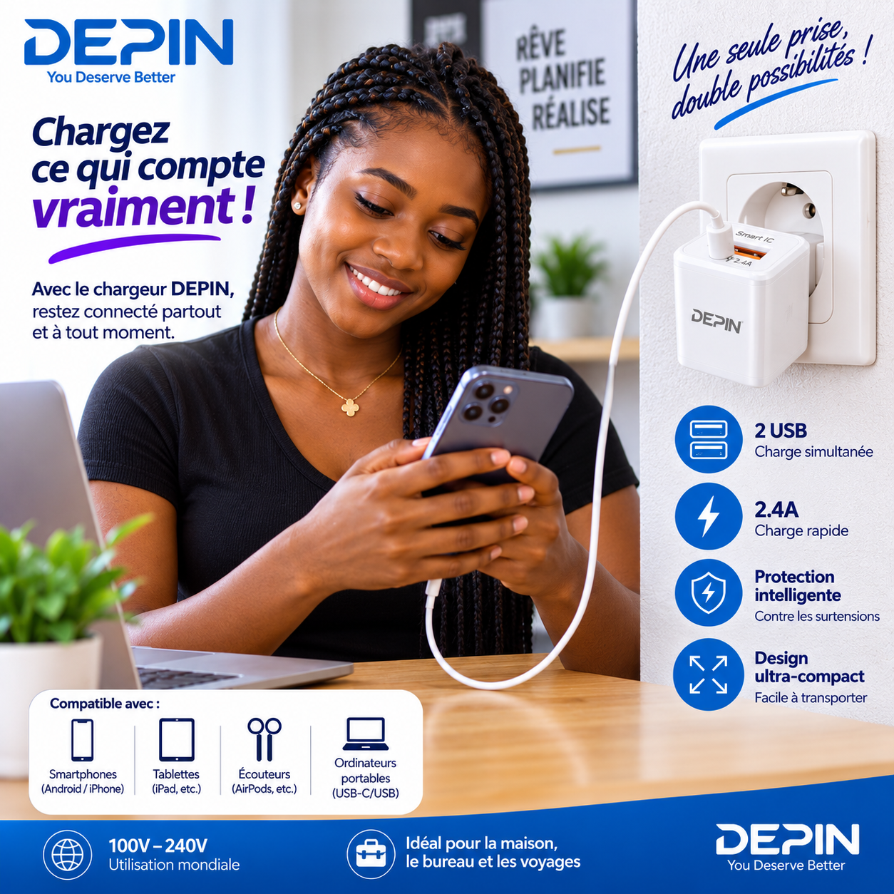 Boitier Chargeur mural DEPIN double USB 2.4A