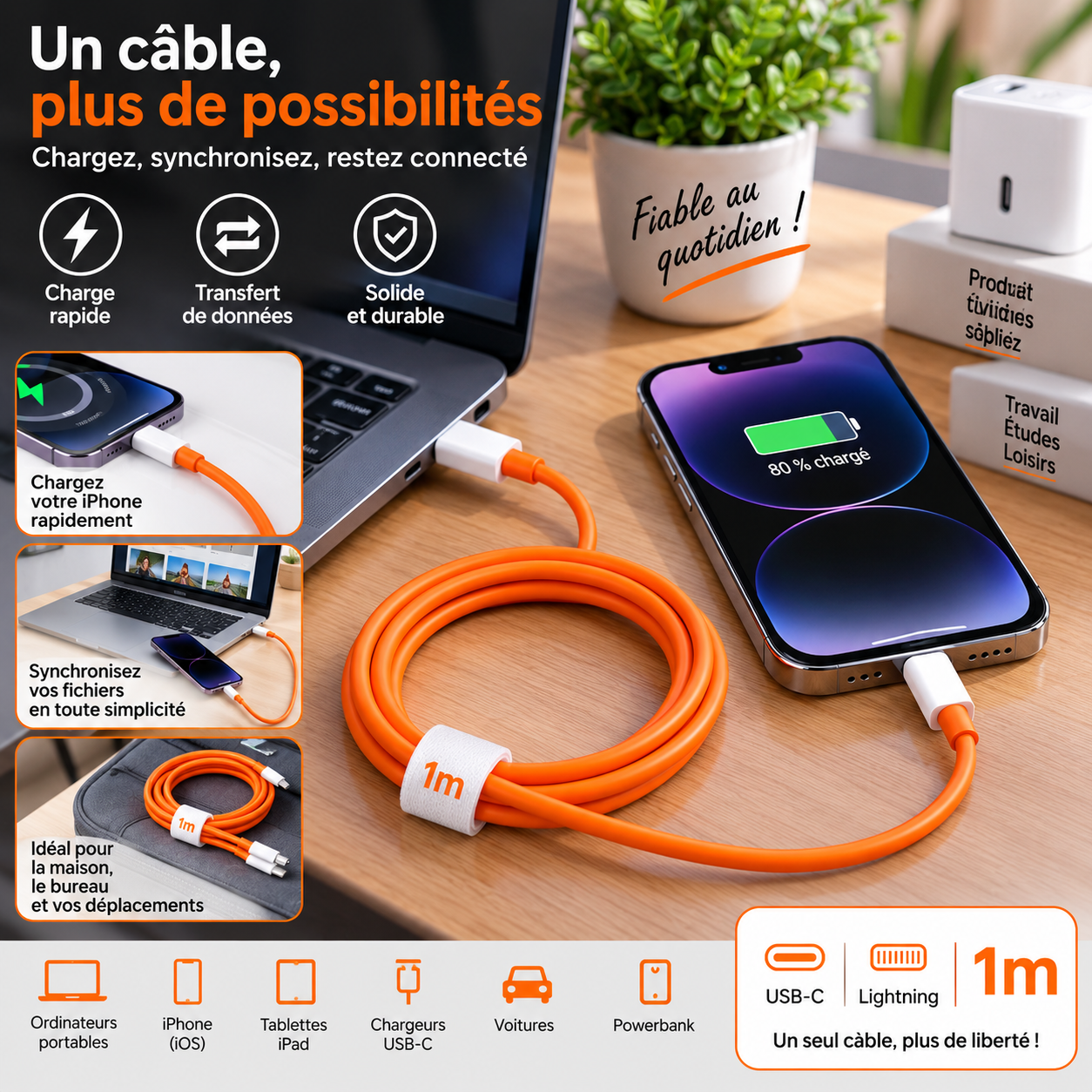 Câble iphone USB-C vers Lightning (1 m)