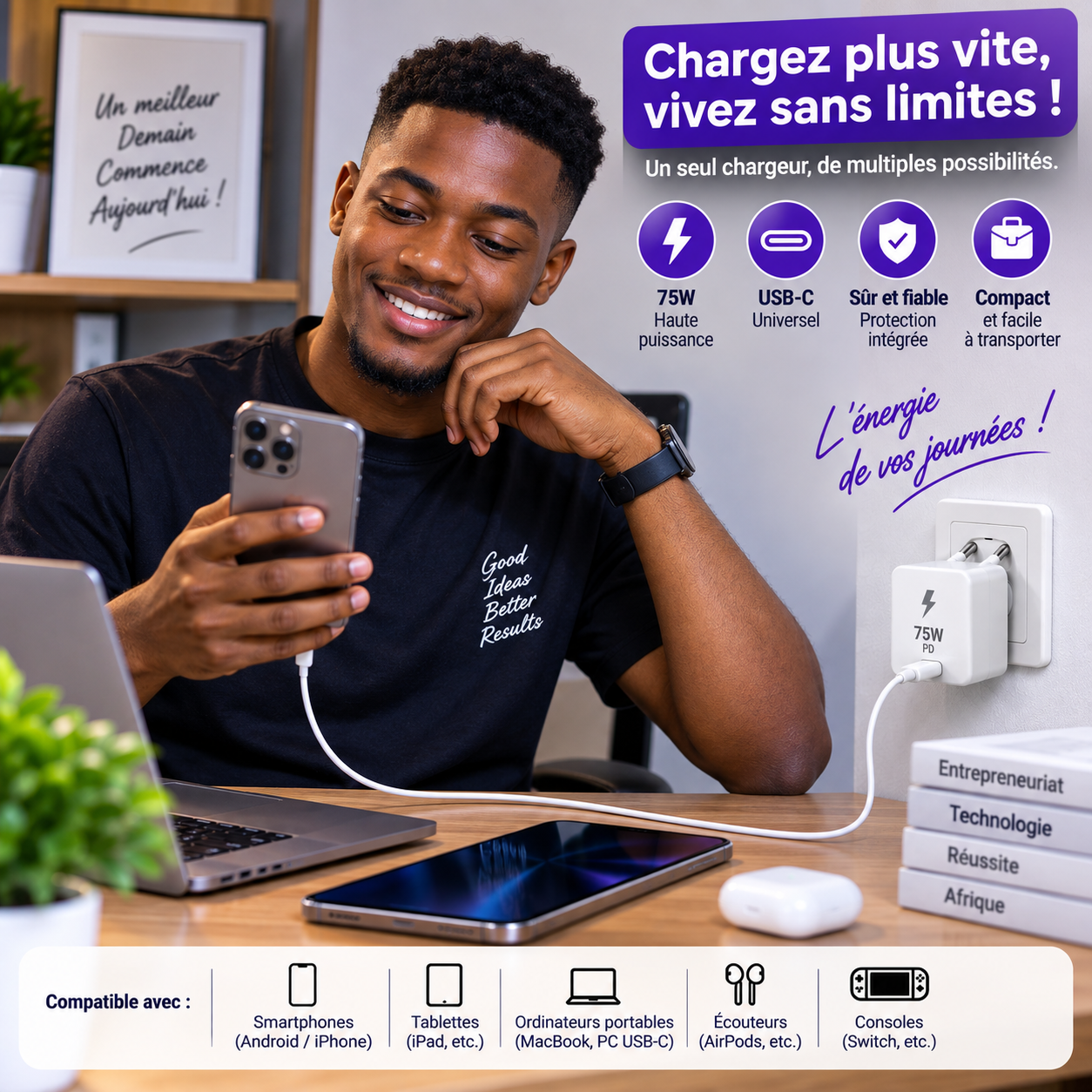 Chargeur EU 75W PD avec câble USB-C 5A