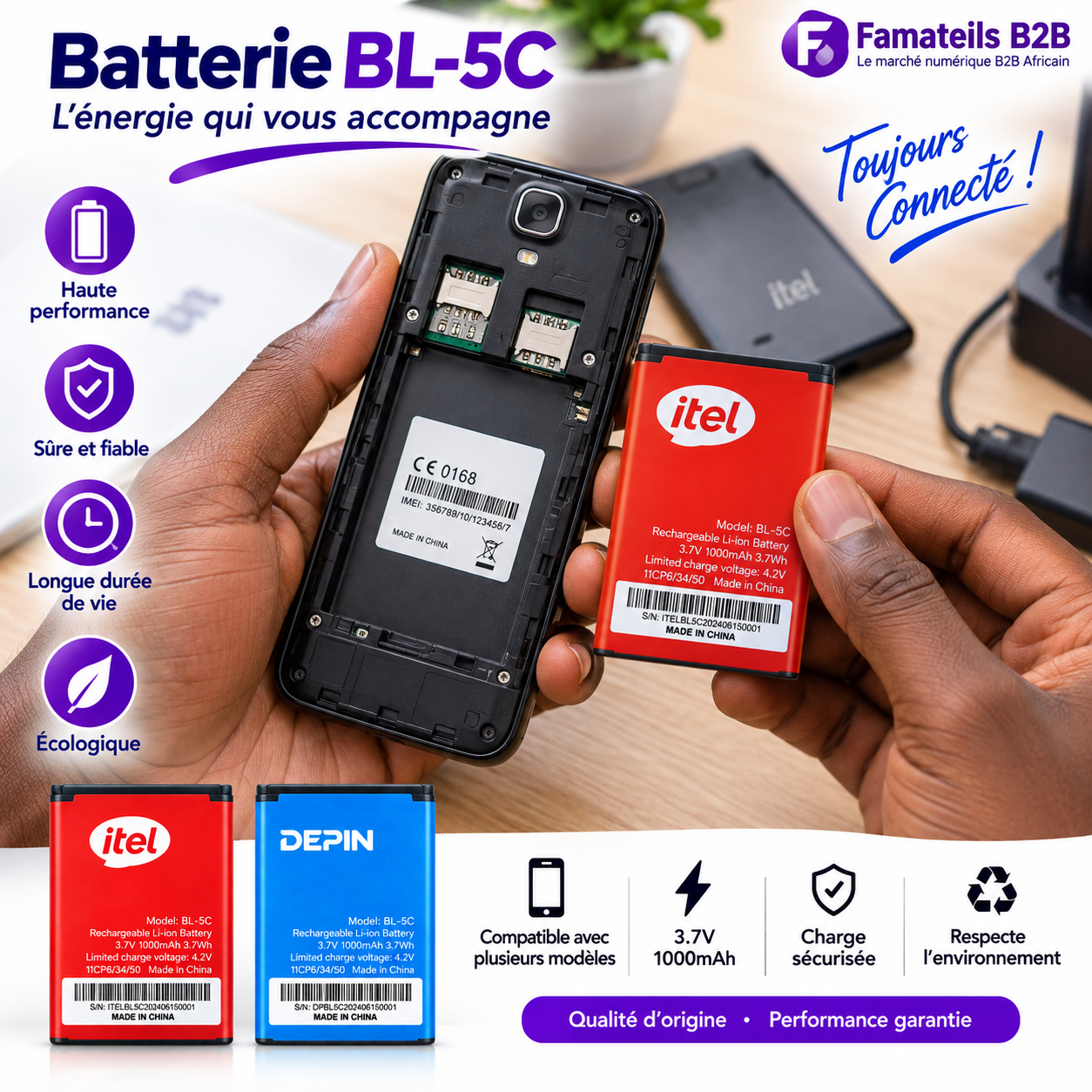 Batteries BL-5C – itel & DEPIN  1000mah