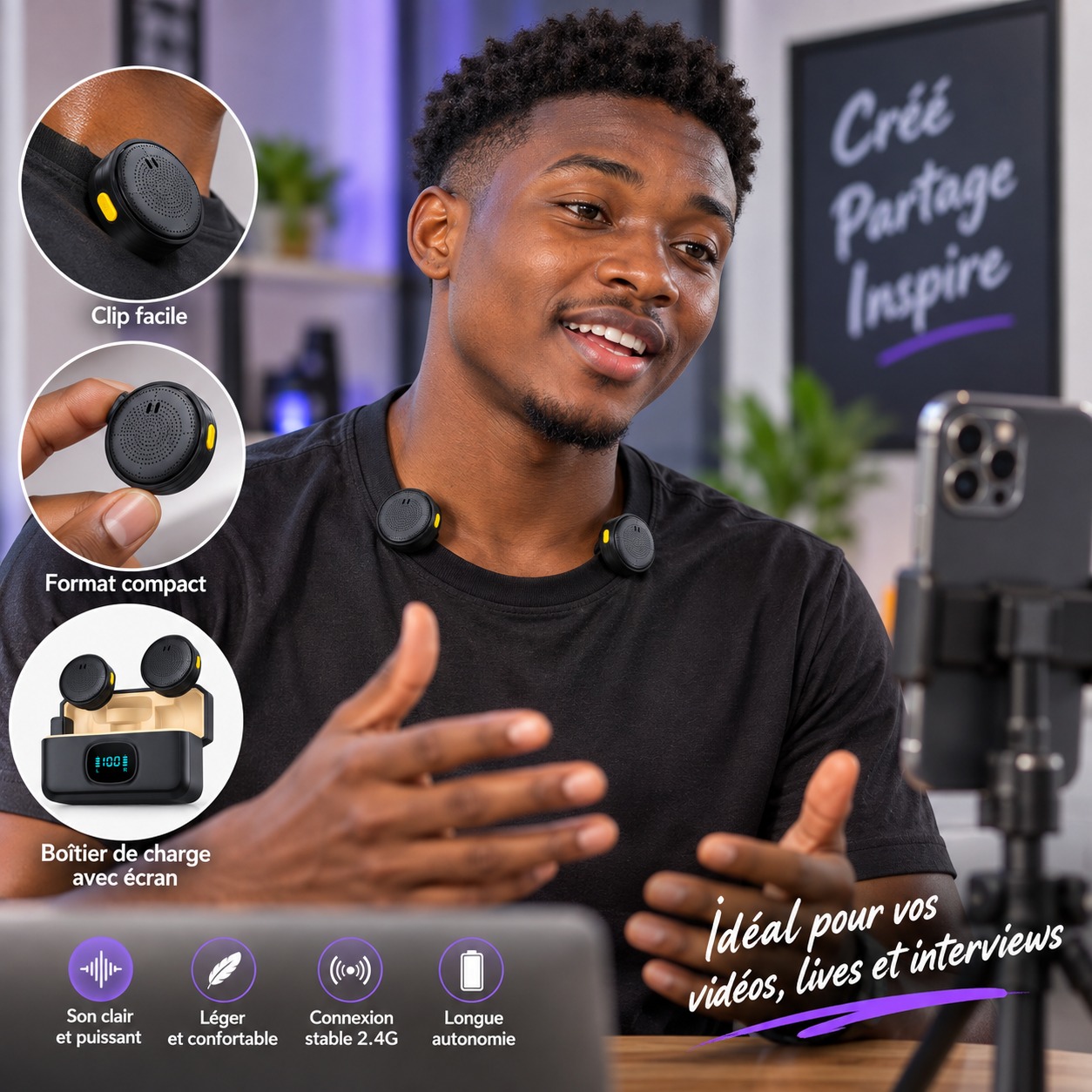 Microphone sans fil 2.4G – Idéal pour créateurs de contenu