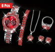Women's 6-Piece Red Iced-Out Watch & Jewelry Set – Glamorous & Bold