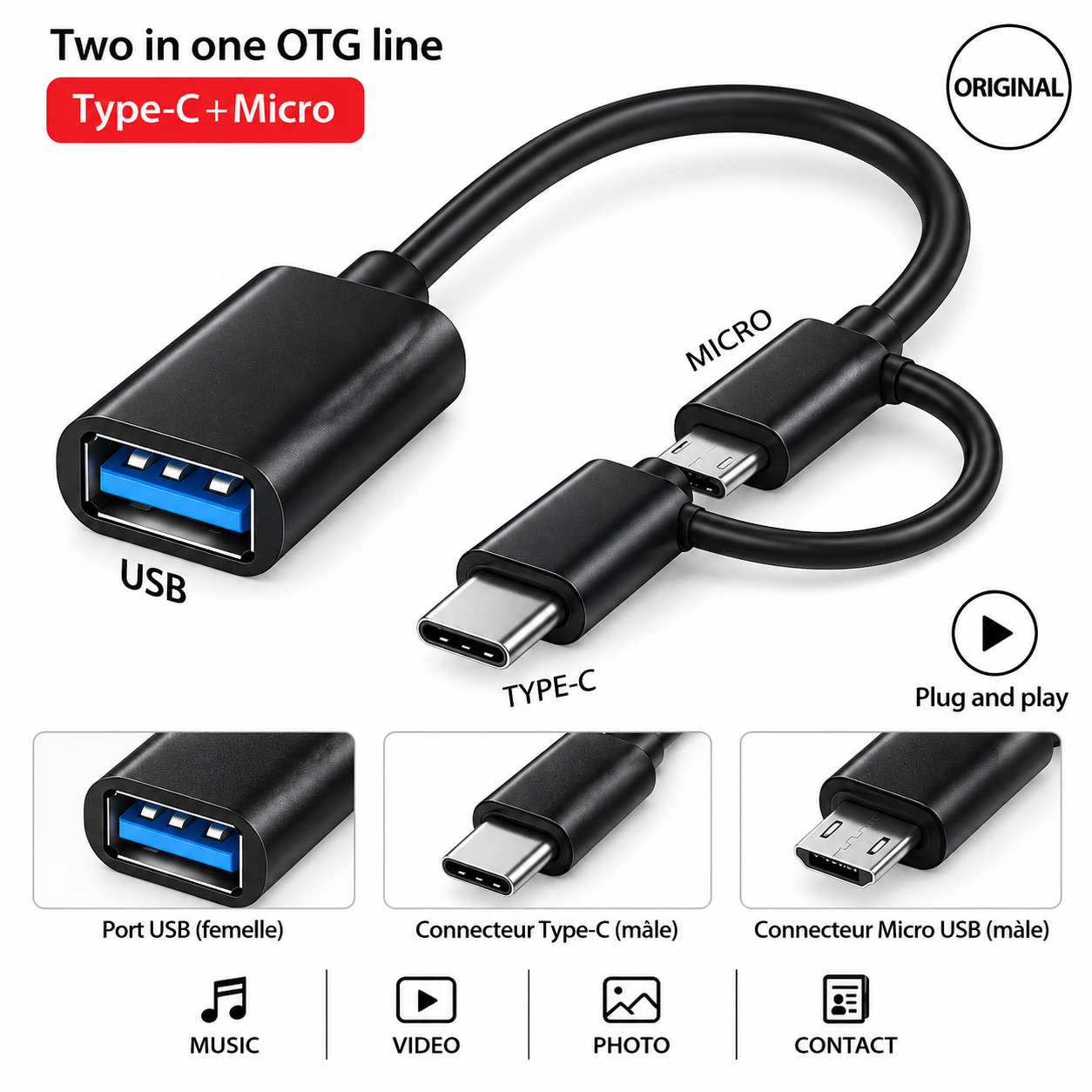 Câble OTG 2-en-1 Type-C + Micro USB