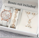 Women's White & Rose Gold Watch Set with Heart Jewelry – 5-Piece Elegant Collection 