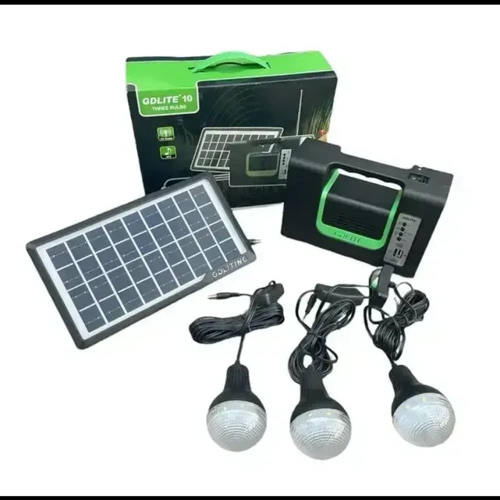 Solar Kit, Equipped with USB Devices with 3 LED Bulbs + High Capacity Battery + Radio, Black