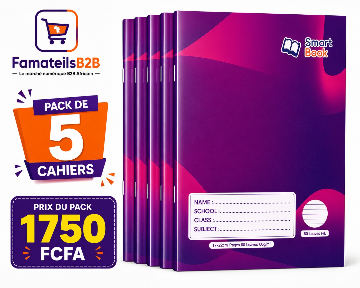 Pack de 5 Cahiers Smart Book – 80 feuilles