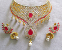 Red Pear Cut Synthetic Corundum With Pearl Drop & C.Z Studded Imitation Mesh Pattern Metal Jewellery Necklace Set