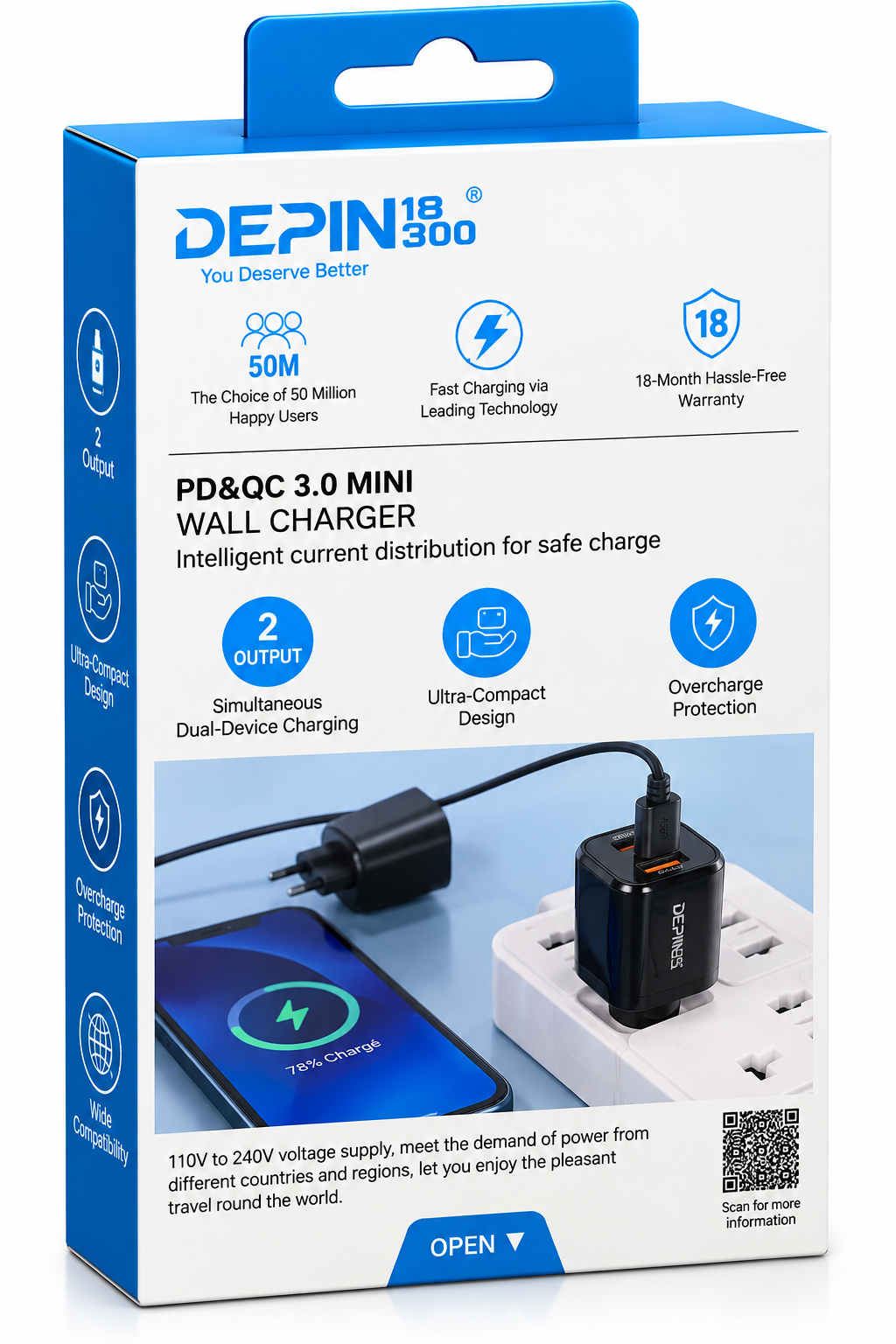 Boitier Chargeur mural DEPIN PD&QC 3.0 – 38W