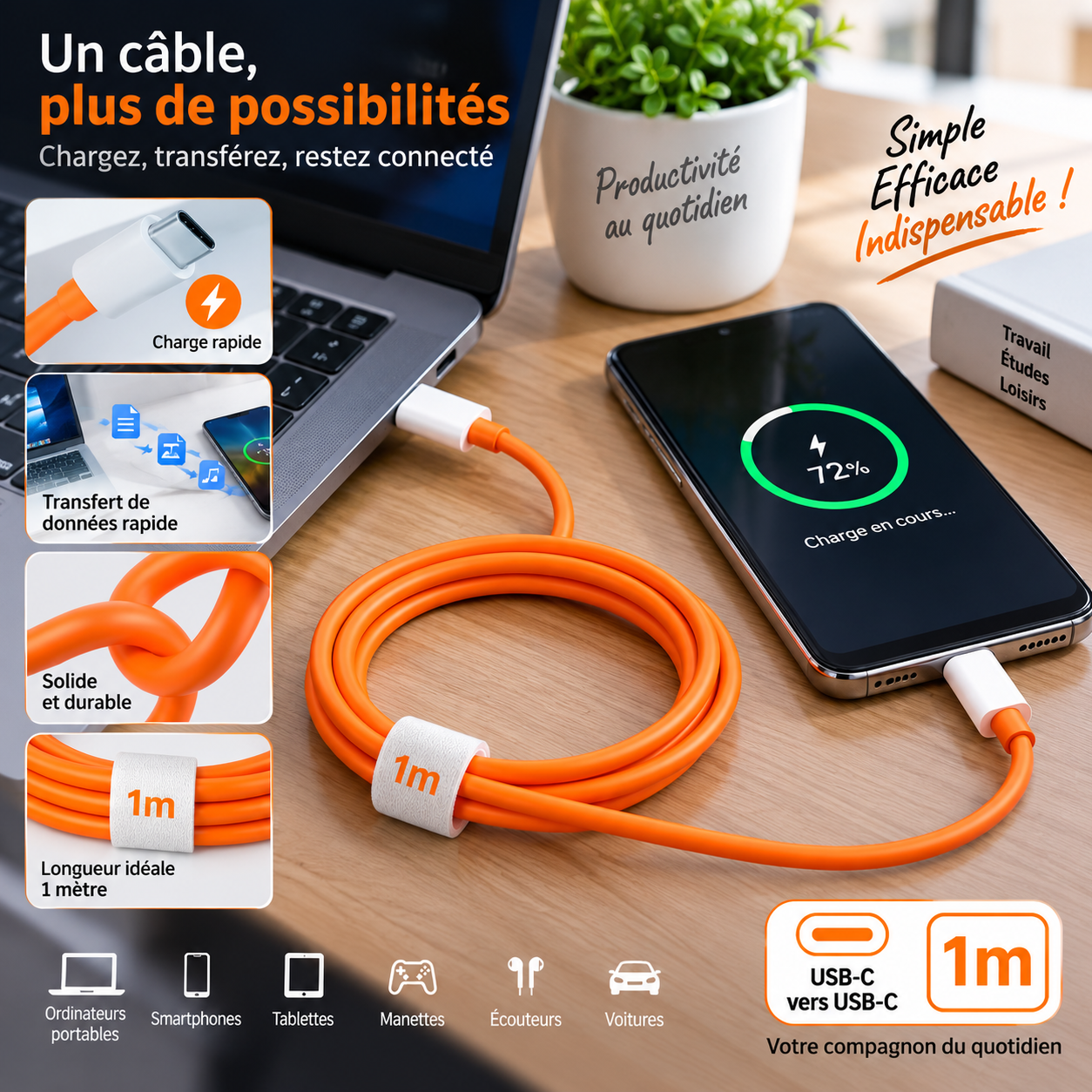 Câble phantom USB-C vers USB-C (1 m)