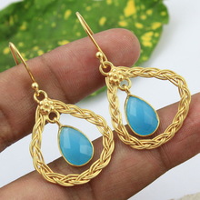 Dangle cut blue onyx gemstone 925 sterling silver half micron gold plated earring jewelry wholesale manufacture gemstone earring