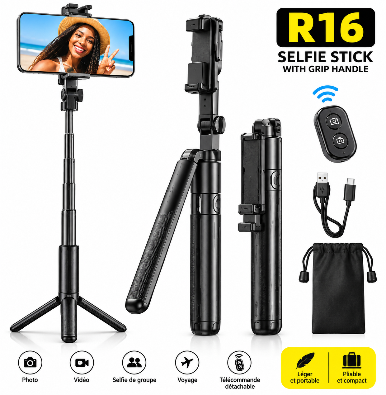 Perche selfie R16 avec poignée et télécommande