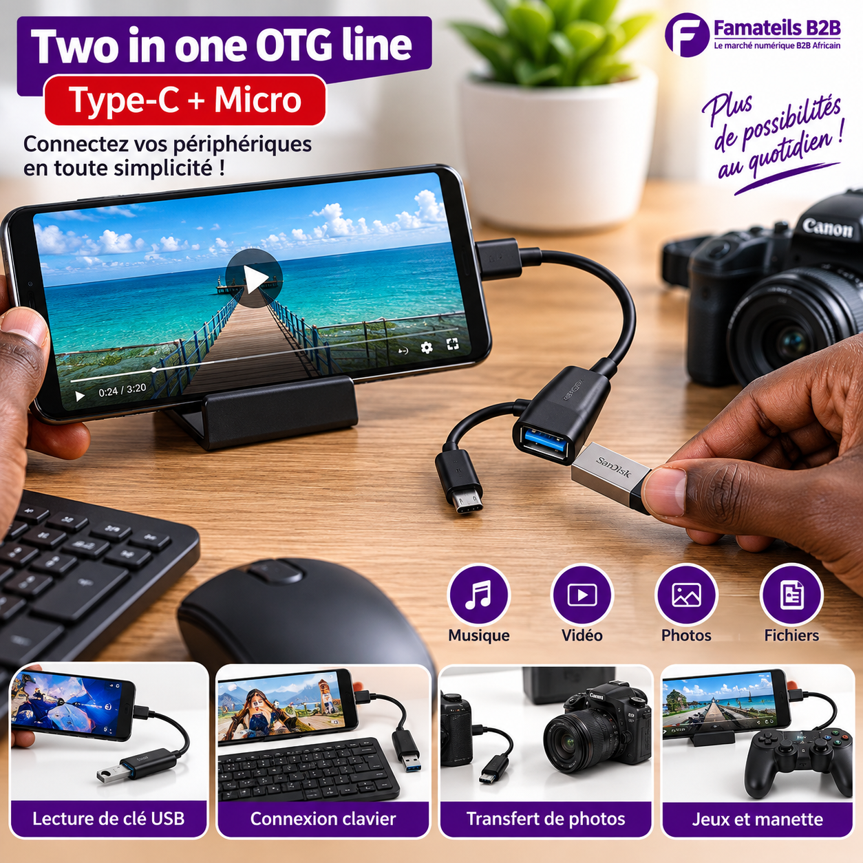 Câble OTG 2-en-1 Type-C + Micro USB
