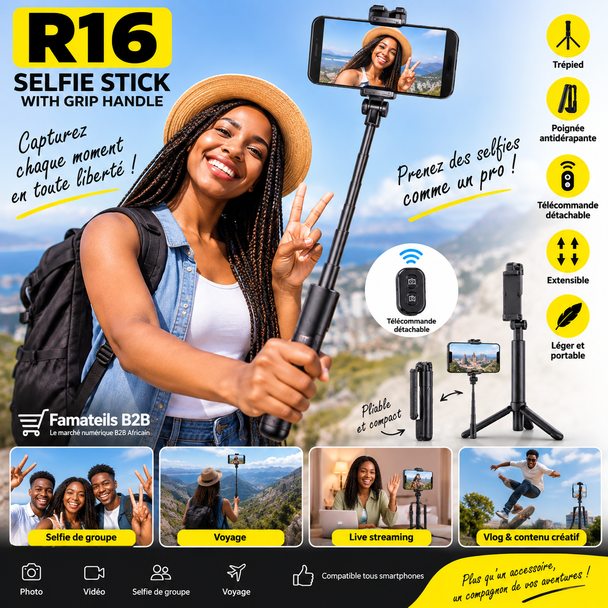 Perche selfie R16 avec poignée et télécommande