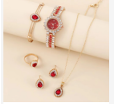 Women's Red & Gold Watch with Teardrop Jewelry Set – Radiant 5-Piece Collection