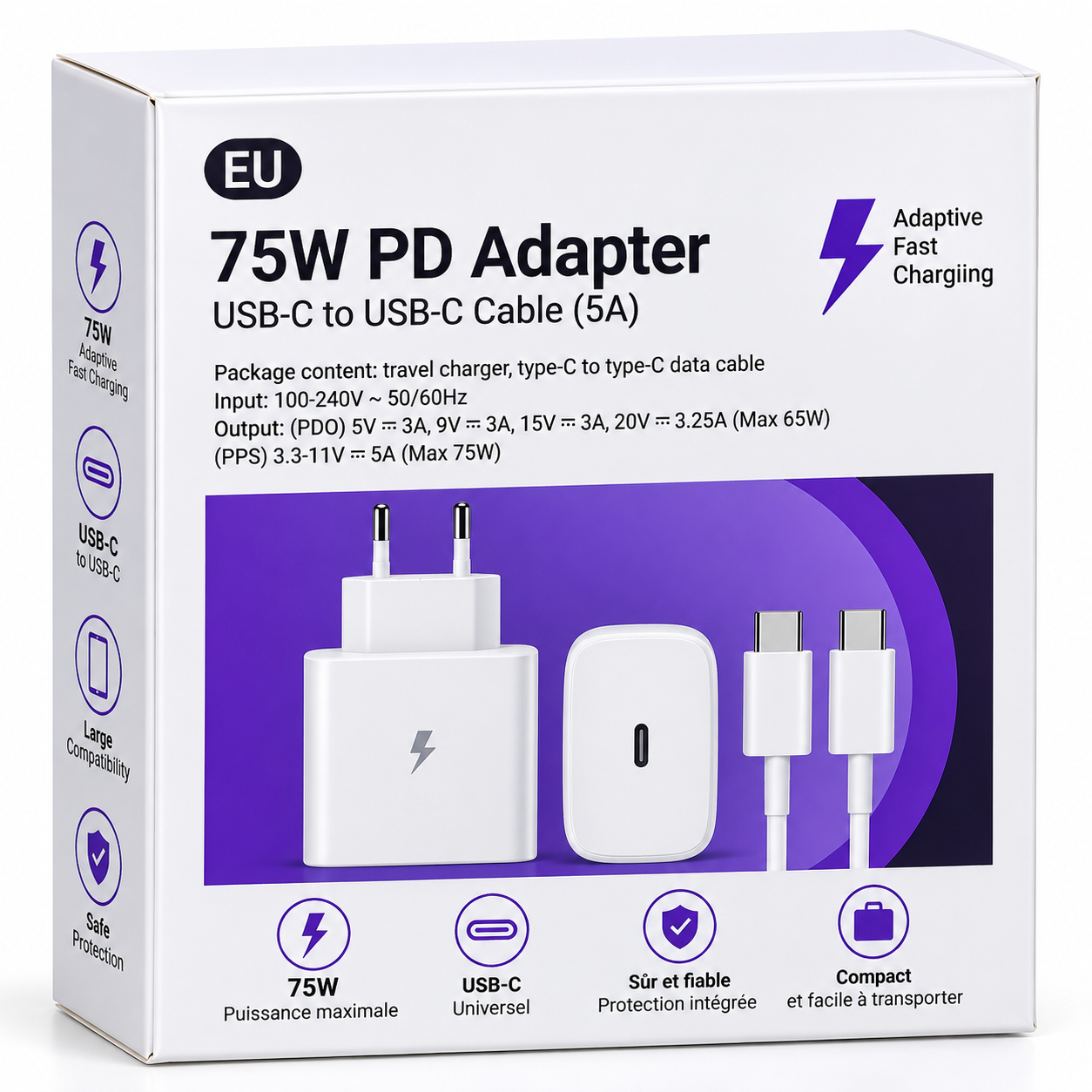 Chargeur EU 75W PD avec câble USB-C 5A